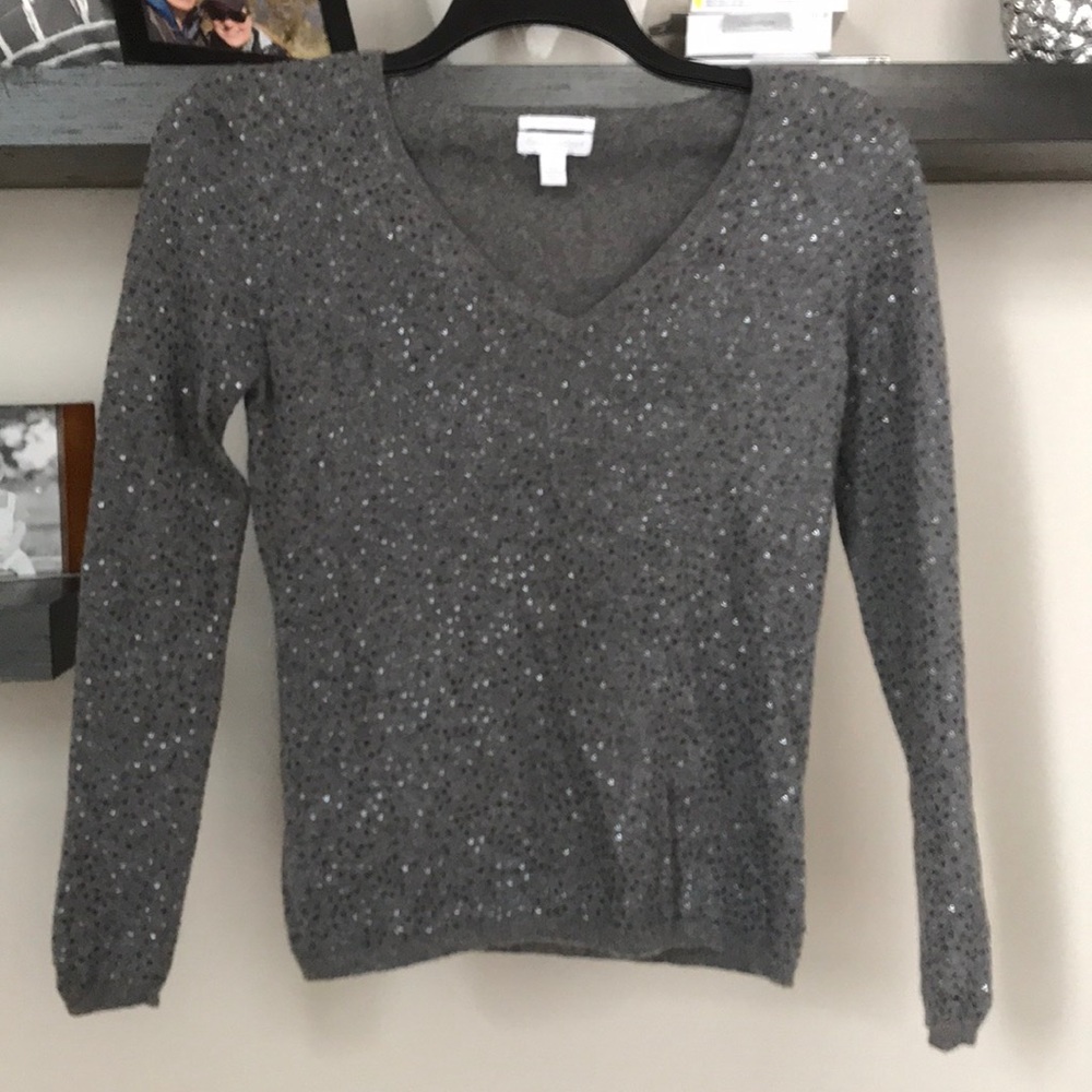 Charter Club grey sequin cashmere v neck sweater S